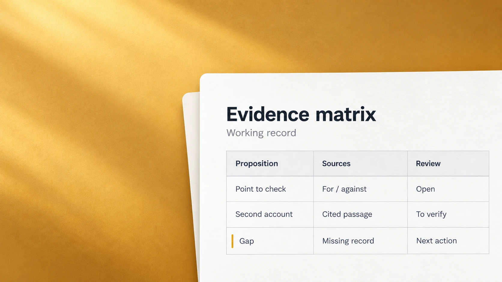 Illustrated white evidence matrix worksheet with proposition, sources and review columns on a warm ochre surface.