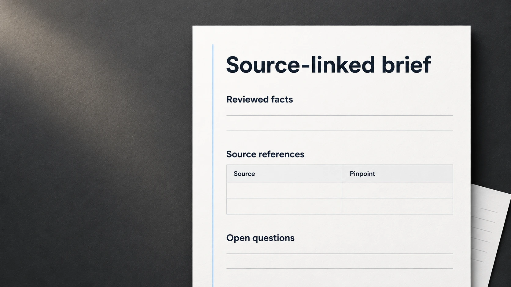 Illustrated white source-linked brief with reviewed facts, source references and open questions on a graphite surface.